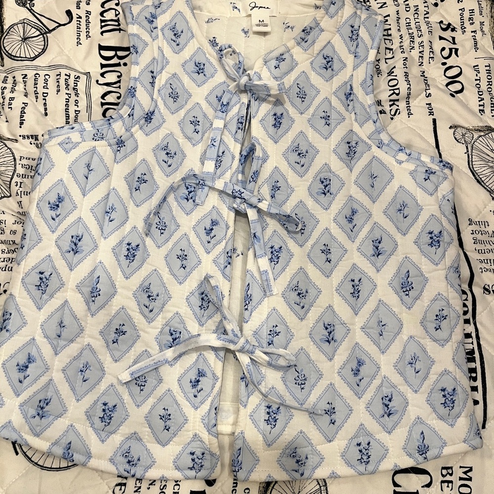 J. Crew Floral Blue and White Tie-Front Blouse
